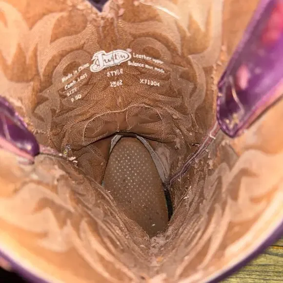 Justin Stampede Purple Shaft Western Boots 9.5D Brown Leather Cowboy Square Toe - Picture 7 of 8